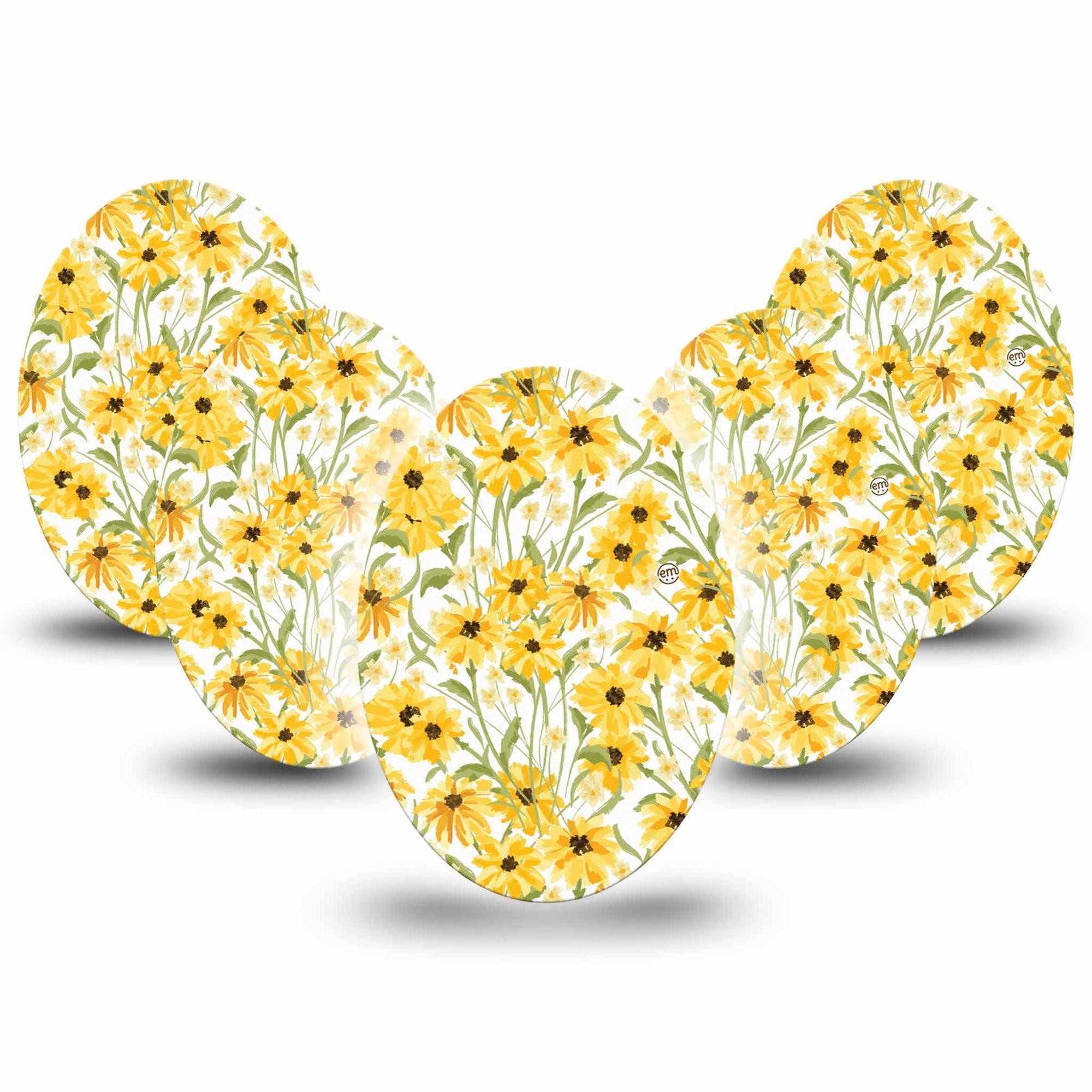 ExpressionMed Yellow Mosaic Floral Medtronic Guardian Enlite Universal Oval 5-Pack Tape Happy Sunflowers, Plaster CGM Design