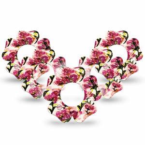 ExpressionMed Maroon Flowers Freestyle Libre 2 and Libre 2 Plus Flower Shape Tape, Abbott Lingo,  5-Pack Tape Wispy Red Flowers, Fixing Ring Tape CGM Design