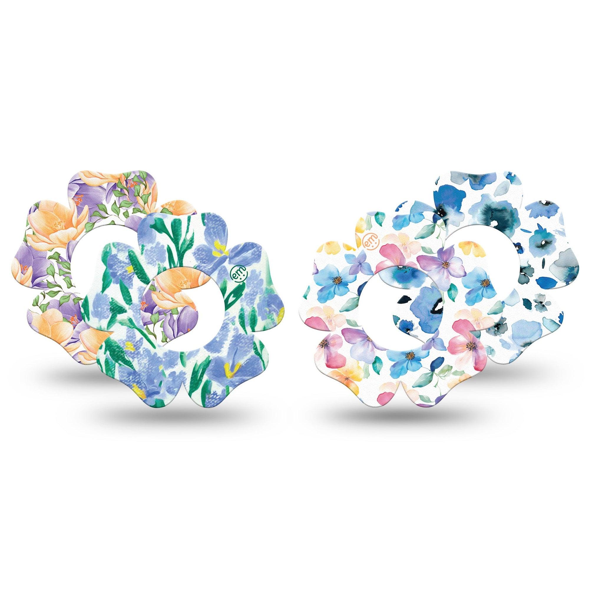 ExpressionMed Dusky Meadow Variety Pack Freestyle Libre 2 and Libre 2 Plus Flower Shape Tape, Abbott Lingo,  4-Pack Tape Watercolor Inspired Blossoms, Fixing Ring Tape CGM Design