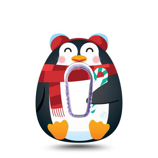 ExpressionMed Happy Penguin Dexcom G6 Gumdrop Shape Tape, Single Tape and Single Sticker Scarf Mittens Earmuffs on Penguin, Overlay Patch CGM Design