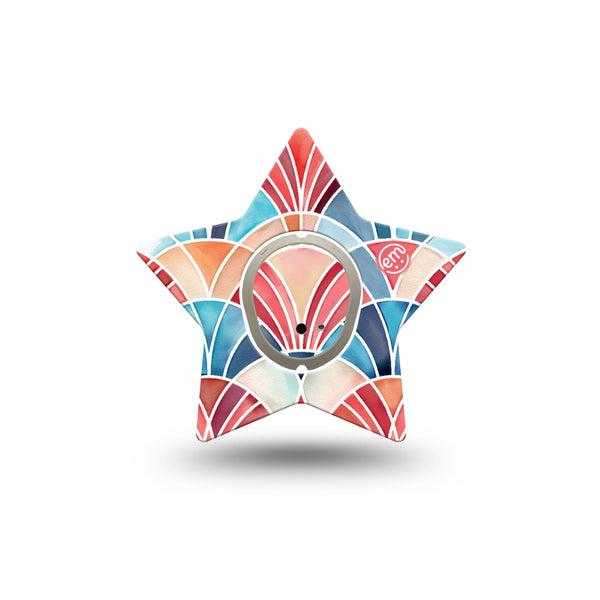 ExpressionMed Watercolor Fan Dexcom G7 and Dexcom Stelo Glucose Biosensor System Star, Single Tape and Single Sticker Soft blue red tone fan pattern Adhesive Patch for CGM