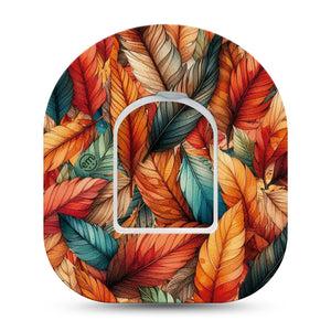 ExpressionMed Fall Leaf Feathers Omnipod Surface Center Sticker and Tape Bundle of Orange Teal Feathers Vinyl Sticker and Tape Design Pump Design