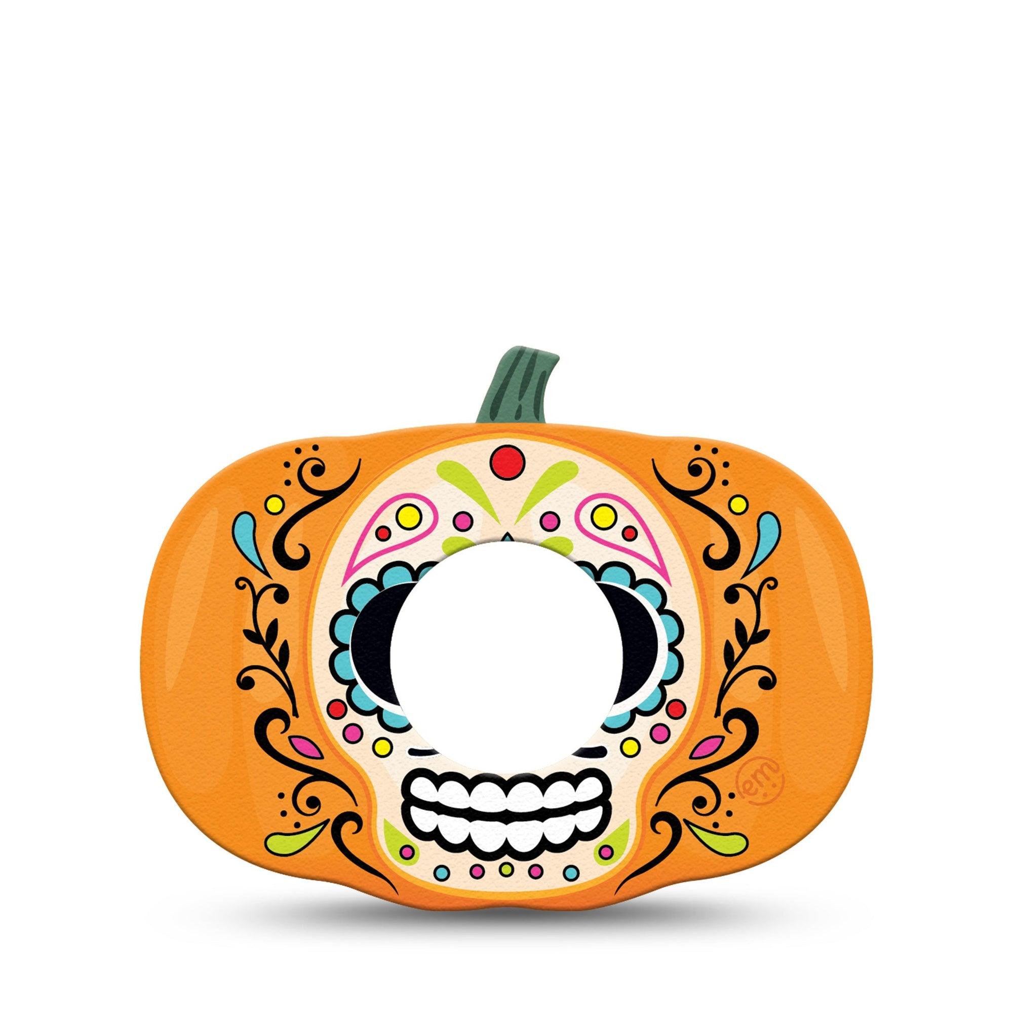 ExpressionMed Sugar Skull Pumpkin Freestyle Libre 2 Pumpkin Shape Tape, Abbott Lingo, Single Sugar Skull on Pumpkin Plaster Continuous Glucose Monitor Design