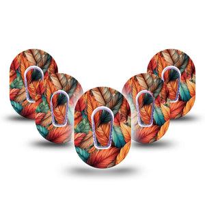 ExpressionMed Fall Leaf Feathers Dexcom G6 Mini Tape 5-Pack Tape and 5-Pack Sticker Bundle of Orange Teal Feathers Adhesive Tape CGM Design