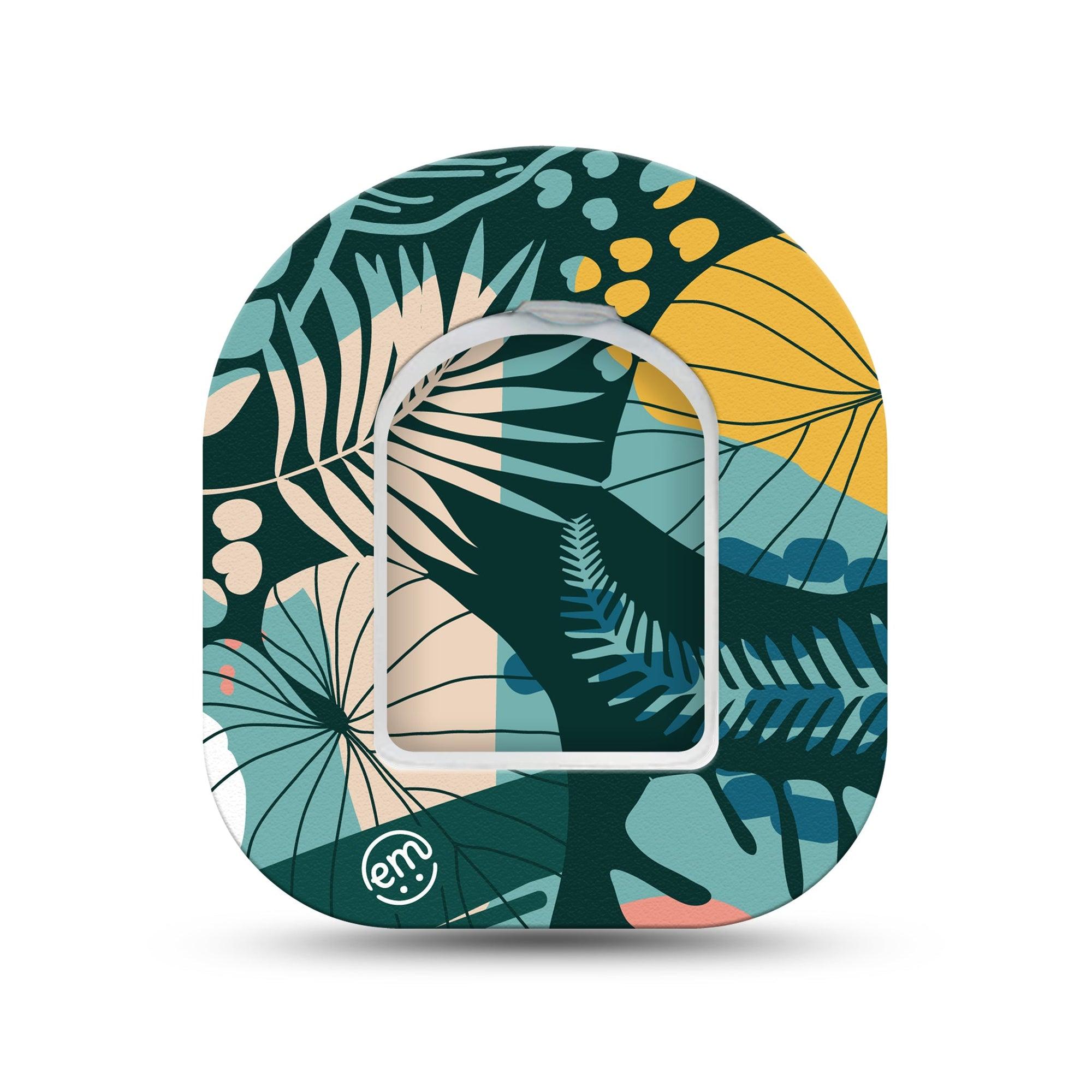 ExpressionMed Jungle Tropics Omnipod Surface Center Sticker and Mini Tape Graphic Tropical Leaves Vinyl Sticker and Tape Design Pump Design