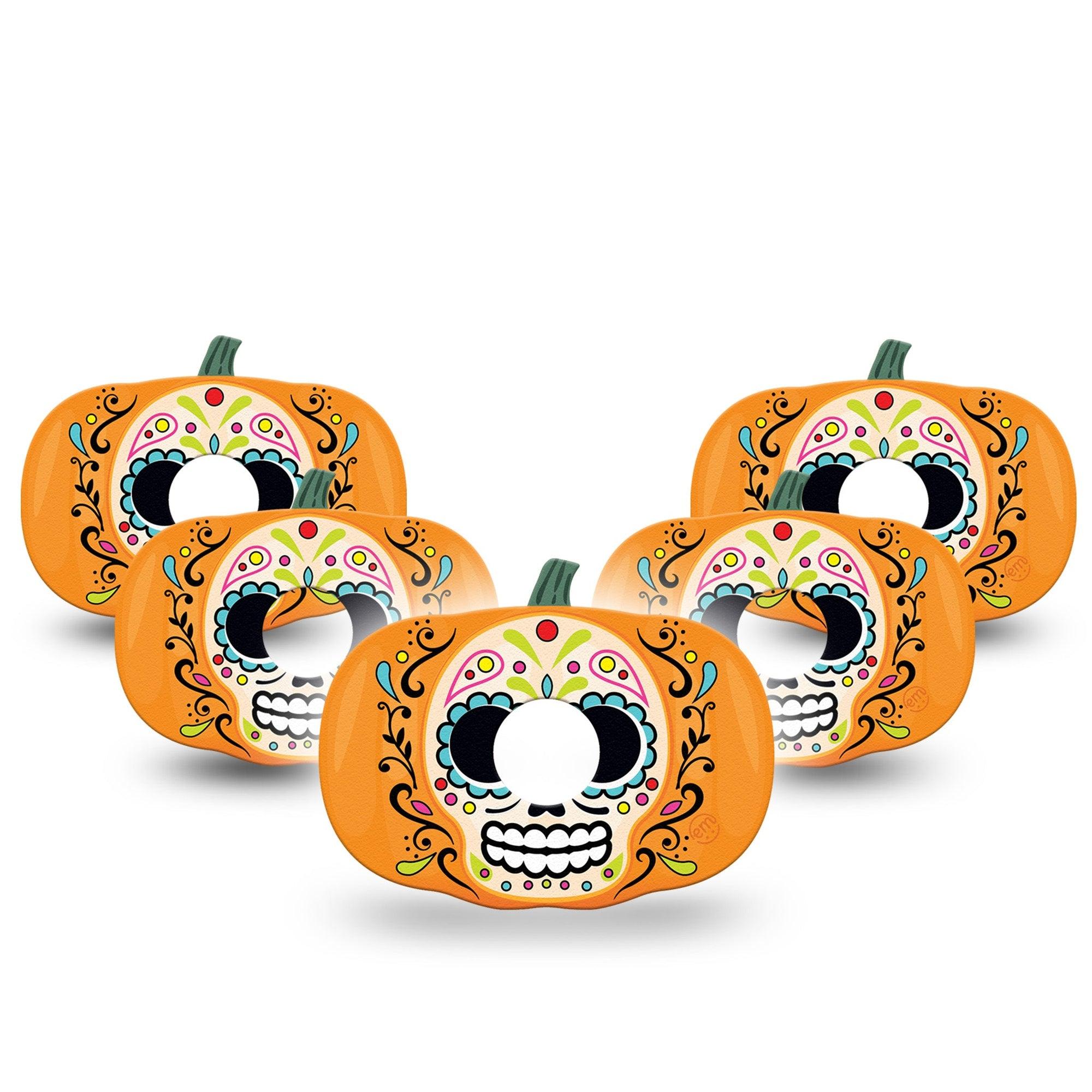 ExpressionMed Sugar Skull Pumpkin Freestyle Libre 3 Pumpkin Shape Tape 5-Pack Vibrant Day of the Dead Holiday Patch CGM Design