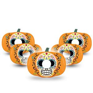 ExpressionMed Sugar Skull Pumpkin Freestyle Libre 3 Pumpkin Shape Tape 5-Pack Vibrant Day of the Dead Holiday Patch CGM Design