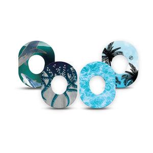 ExpressionMed Poolside Tide Dexcom G7 and Dexcom Stelo Glucose Biosensor System Mini, 4-Pack Tape nautical blue design Fixing Ring Patch for Continuous Glucose Monitor