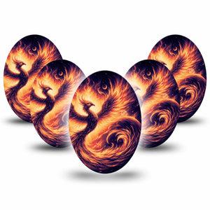 ExpressionMed Rising Phoenix Medtronic Guardian Enlite Universal Oval, 5-Pack Tape Golden Fire Bird, Plaster CGM Design