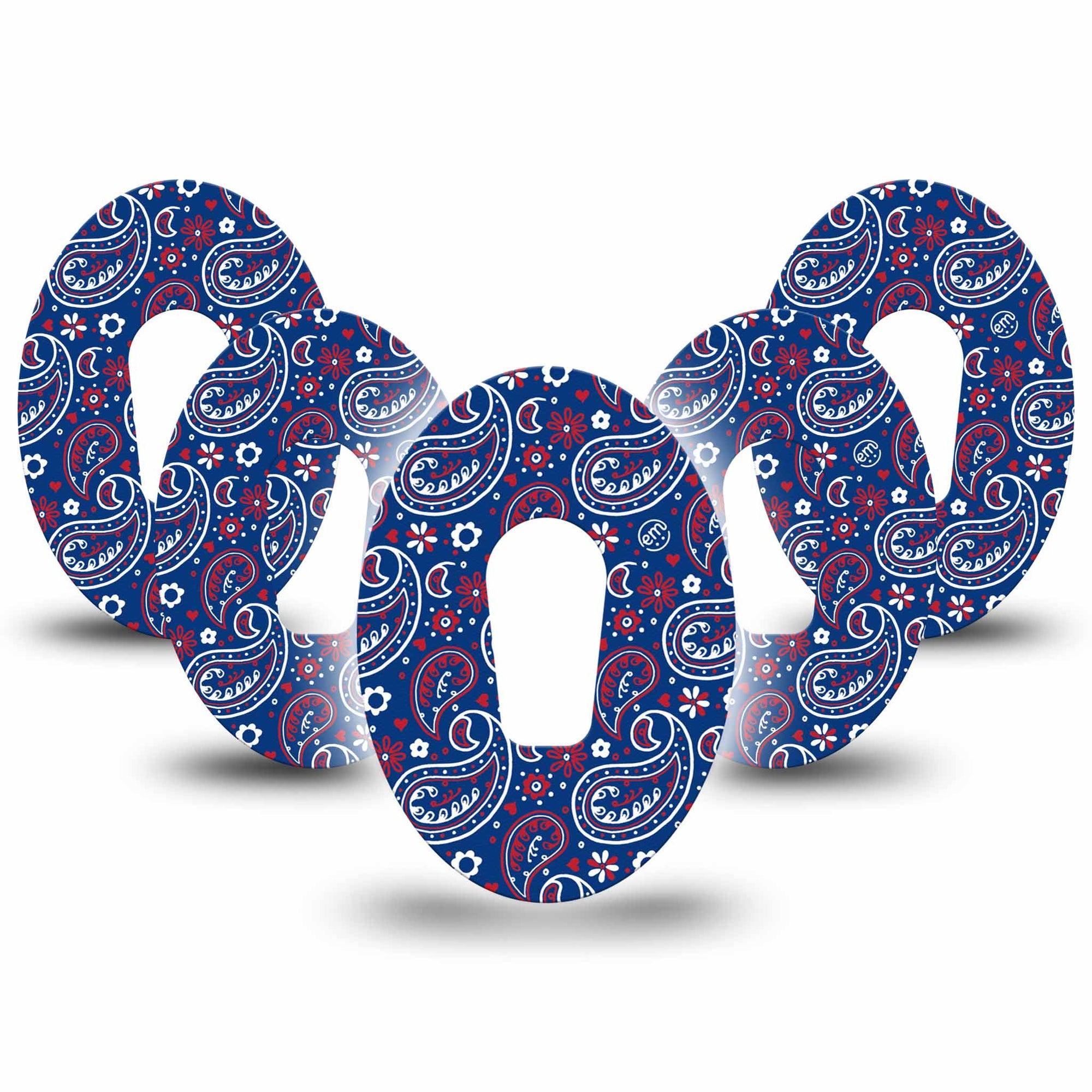ExpressionMed Independence Paisley Dexcom G6 Tape 5-Pack Tape Blue Red White Paisley Print, Plaster Continuous Glucose Monitor Design