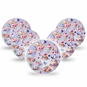 ExpressionMed Floral Tea Party Freestyle Libre and Libre 2 Plus Tape, Abbott Lingo, 5-Pack Tape and 5-Pack Sticker Tea Party Snacks, Fixing Ring Tape Continuous Glucose Monitor Design