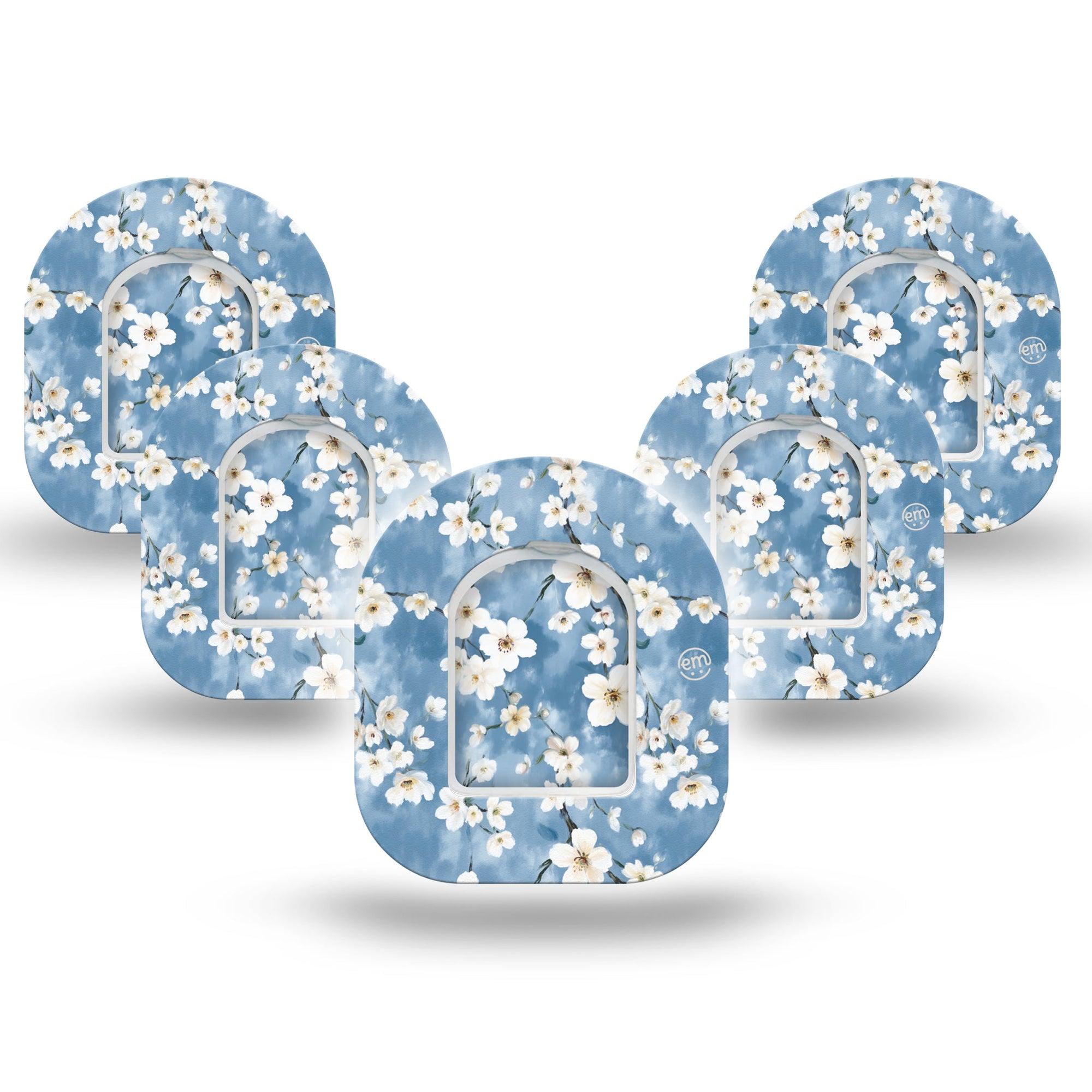 ExpressionMed Cherry Blossom Omnipod Mini Tape 5-Pack Tape and 5-Pack Sticker Limewash Painted White Blooms, Adhesive Tape Pump Design