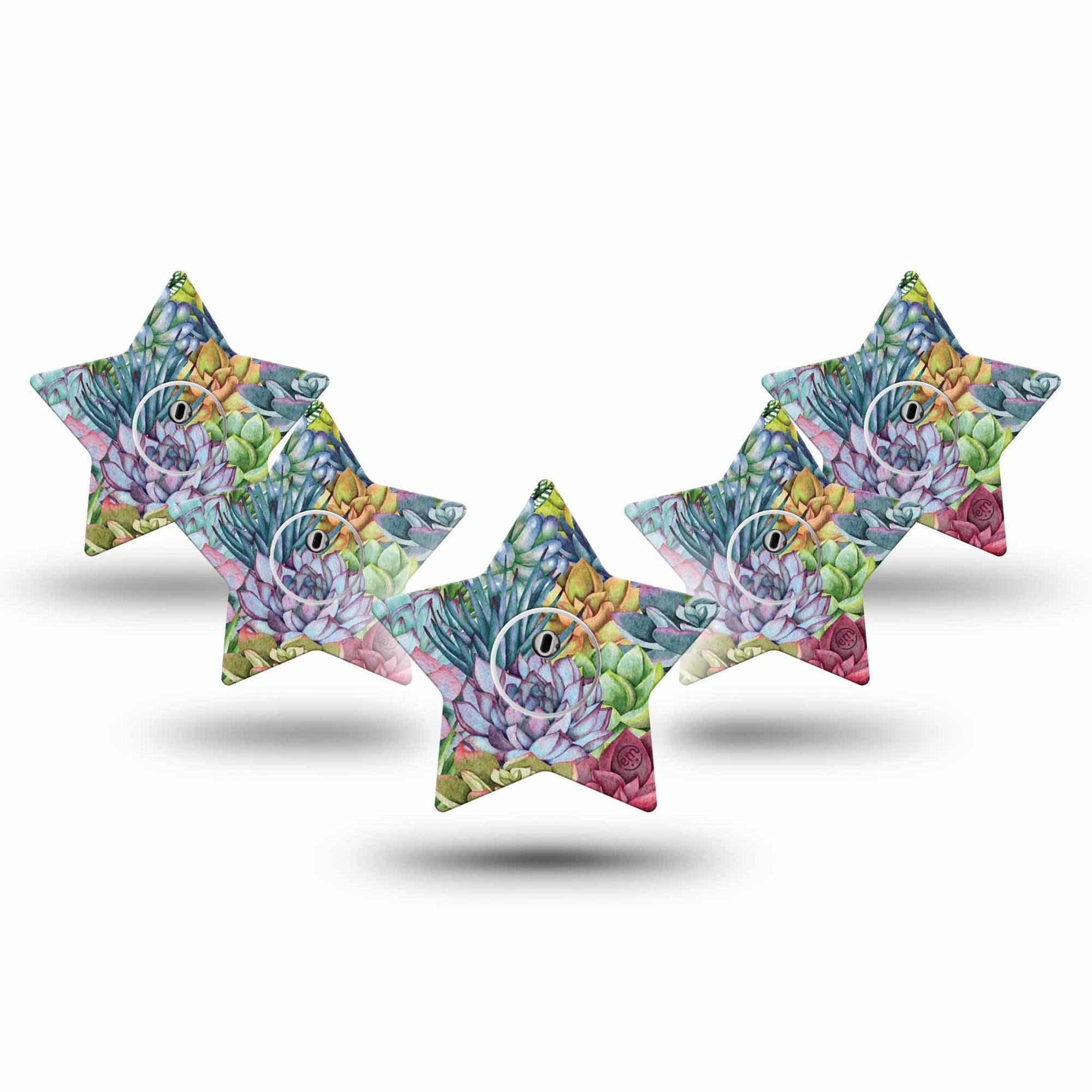 ExpressionMed Blue Succulents Freestyle Libre 3 and Libre 3 Plus Star Shape Tape 5-Pack Tape and 5-Pack Sticker Potted Cactus, Patch CGM Design