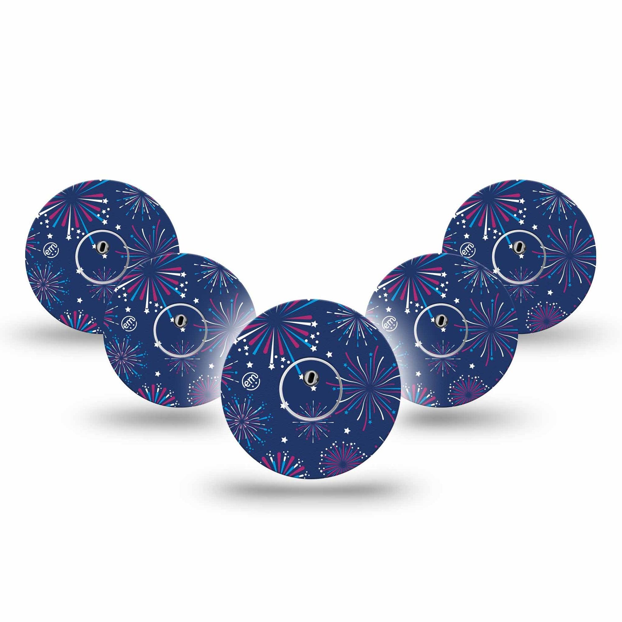 ExpressionMed Night Sky Celebration Freestyle Libre 3 Tape 5-Pack Tape and 5-Pack Sticker 4th of July Fireworks Adhesive Tape CGM Design