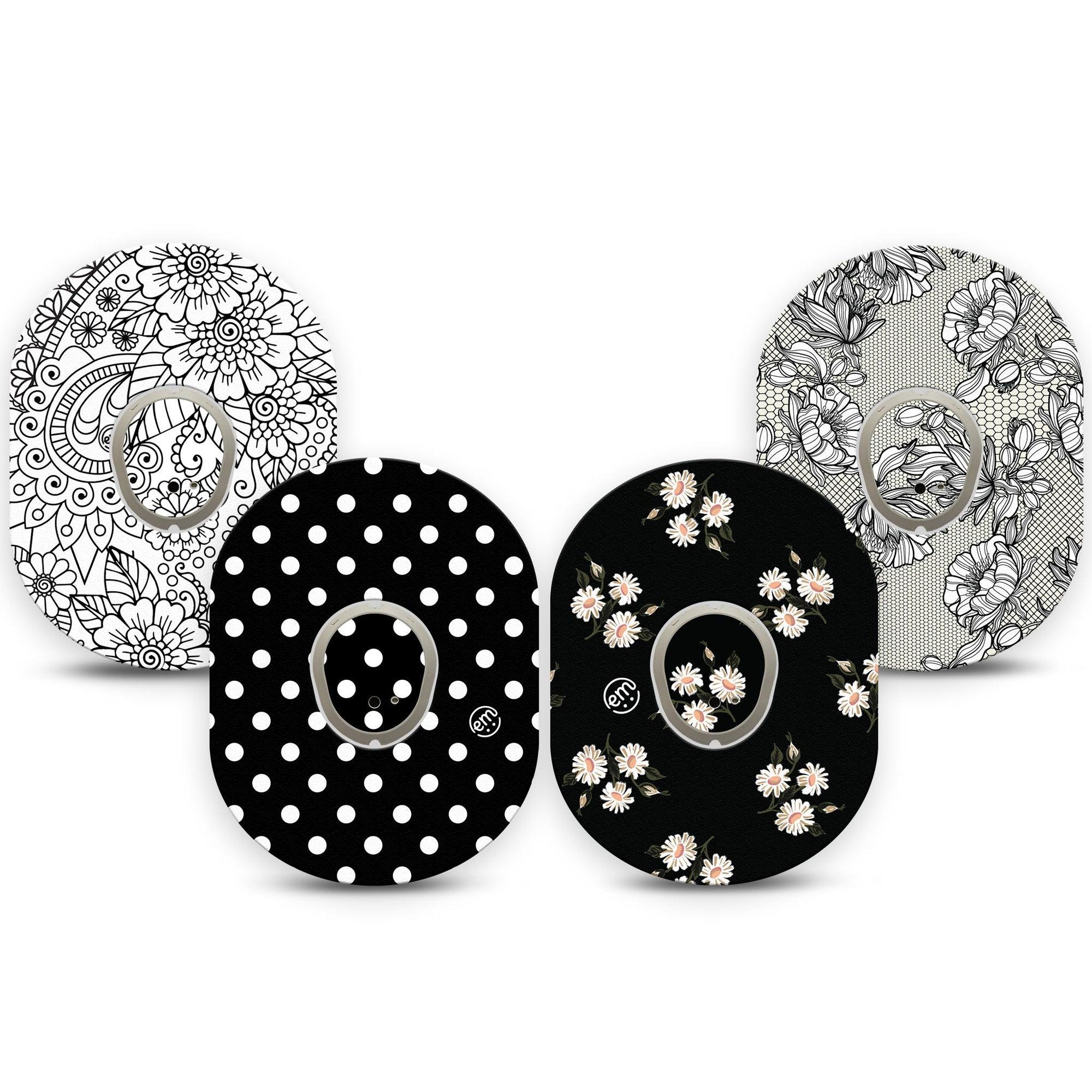 ExpressionMed Charcoal Flora Variety Pack Dexcom G7 Sticker and Tape, Dexcom Stelo Glucose Biosensor System, Simple Cute Black And White Blooms, Vinyl Sticker and Tape Pairing Continuous Glucose Monitor Design