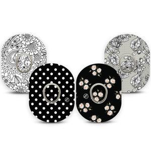 ExpressionMed Charcoal Flora Variety Pack Dexcom G7 Sticker and Tape, Dexcom Stelo Glucose Biosensor System, Simple Cute Black And White Blooms, Vinyl Sticker and Tape Pairing Continuous Glucose Monitor Design