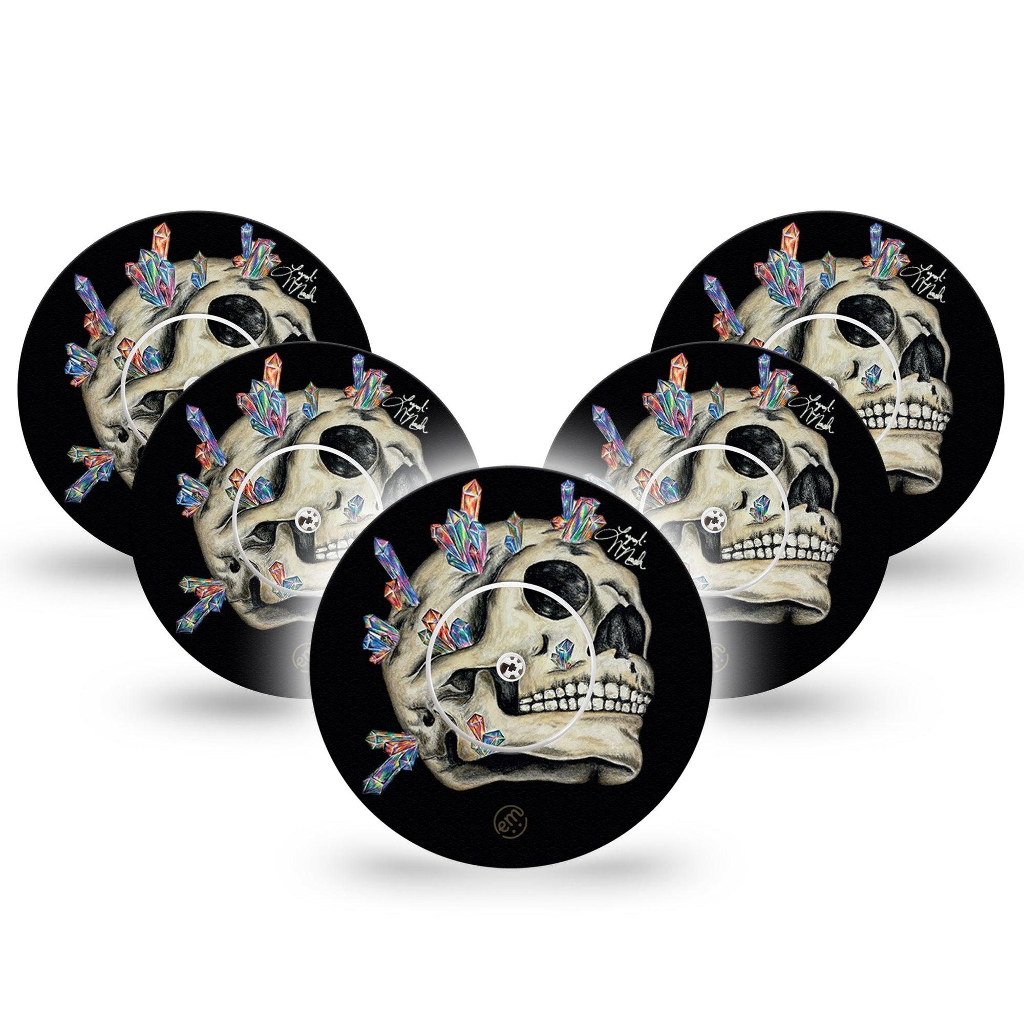 ExpressionMed Crystal Skulls Freestyle Libre Tape, Abbott Lingo,  5-Pack Tape and 5-Pack Sticker Gem-encrusted Skull Fixing Ring Tape Continuous Glucose Monitor Design