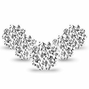 ExpressionMed Custom Black and White Floral Freestyle Libre 3 and Libre 3 Plus Flower Shape Tape 5-Pack Tape and 5-Pack Sticker Black White Petals Overlay Tape CGM Design
