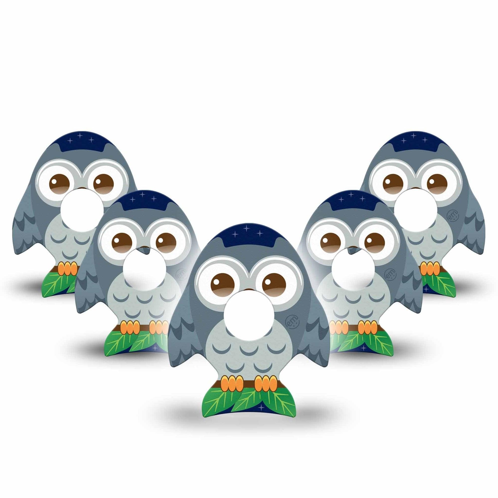 ExpressionMed Hootie the Owl Freestyle Libre 3 Evolve Shape Tape 5-Pack Gray Night Bird Owl Patch CGM Design