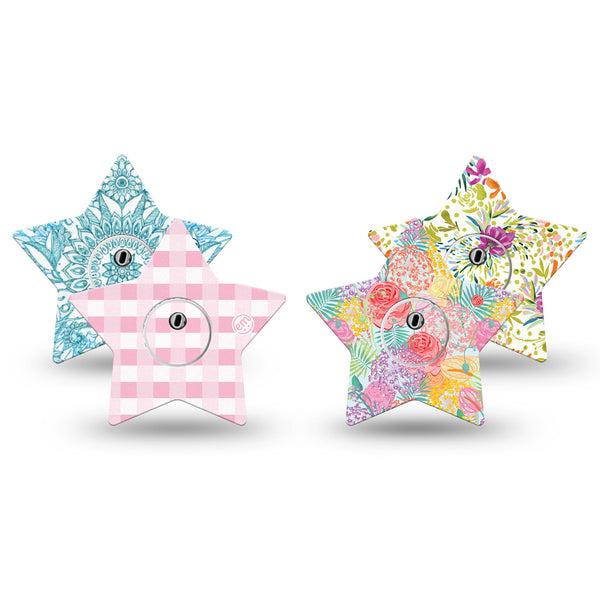 ExpressionMed Fresh Greenery Freestyle Libre 3 and Libre 3 Plus Star, tape and sticker  Pink gingham and flowers Overlay Tape for CGM
