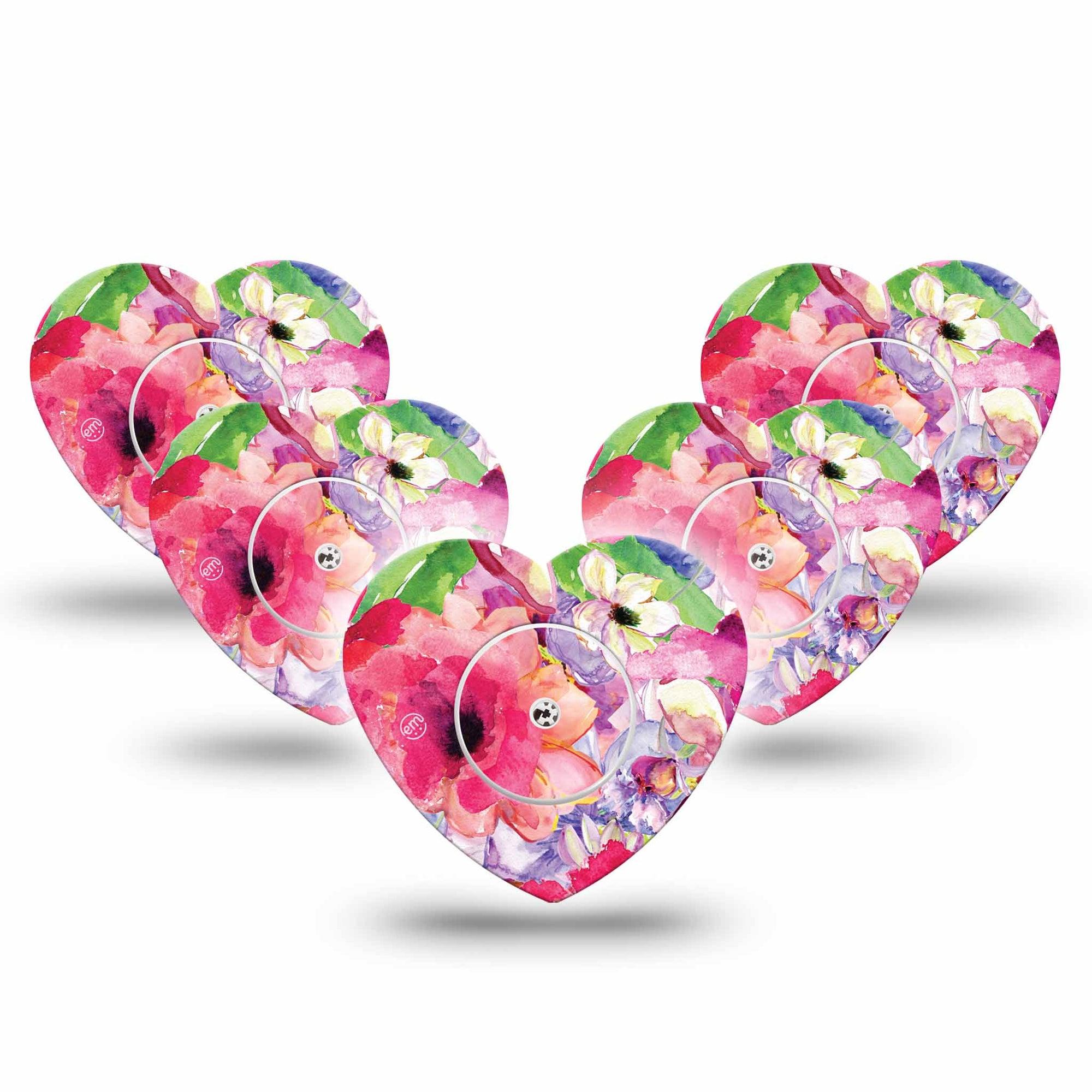 ExpressionMed Watercolor Red Flowers Freestyle Libre 2 Heart Shape Tape, Abbott Lingo,  5-Pack Tape and 5-Pack Sticker Bold Pink Flowers Adhesive Patch CGM Design