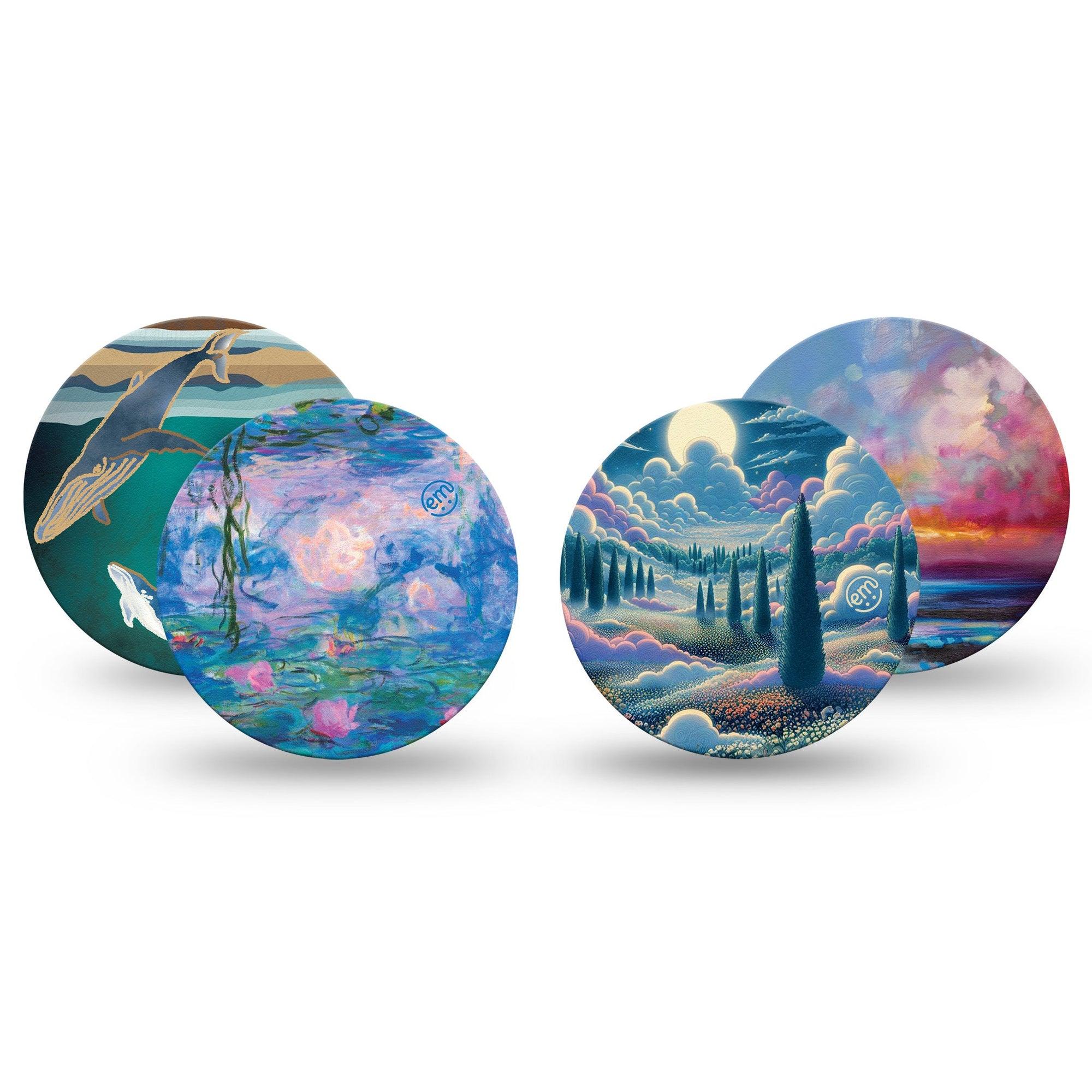 ExpressionMed Spirited Away Variety Pack Freestyle Libre 3 Overpatch 4-Pack Variety Dreamy Skies and Sea, Ethereal Escape, Artwork Clouds Mystical Inspired, Heavenly Sea and Skies, Magical Dream World Inspired Adhesive Patch CGM Design