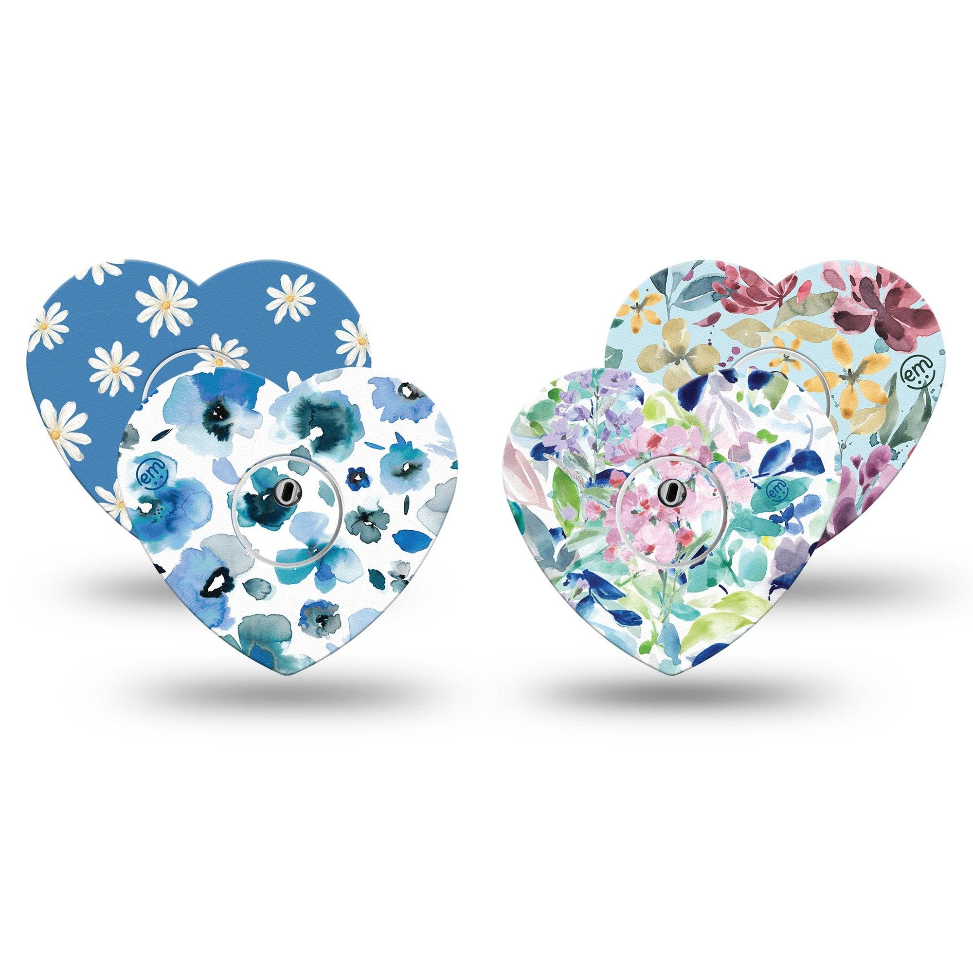 ExpressionMed Sky Blue Garden Variety Pack Freestyle Libre 3 Heart Shape Tape 4-Pack Tape and 4-Pack Sticker Variety Multiple Blue Petals Patch CGM Design