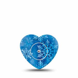 ExpressionMed Falling Snow Freestyle Libre 2 and Libre 2 Plus Heart Shape Tape, Abbott Lingo, Single Tape and Single Sticker Blue Snowflakes, Adhesive Patch CGM Design