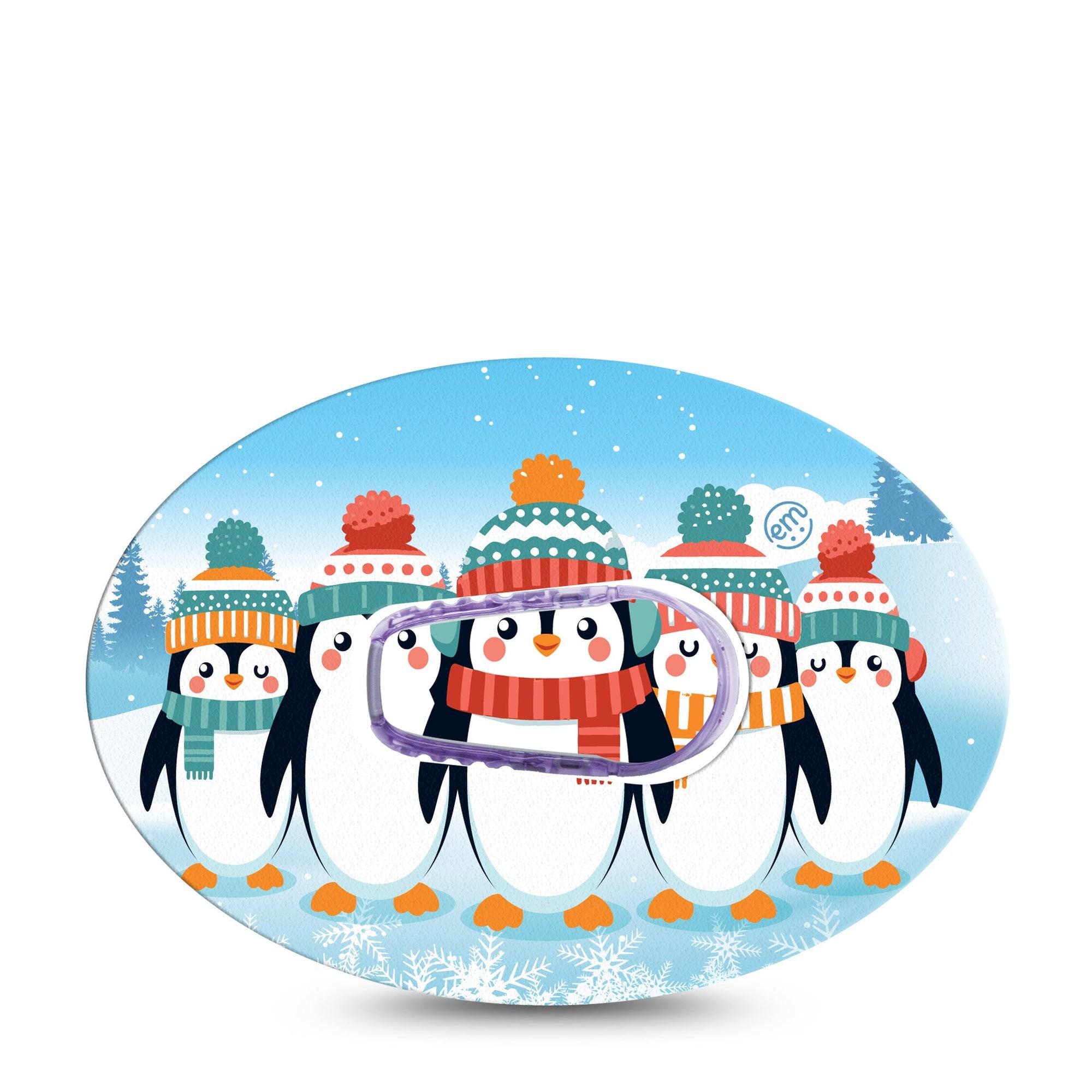 ExpressionMed Penguins In Row Dexcom G6 Tape Single Tape and Single Sticker Hat and Scarf Penguins, Plaster CGM Design