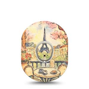 ExpressionMed Café Terrace Dexcom G7 and Dexcom Stelo Glucose Biosensor System, Single Tape and Single Sticker Watercolor eiffel tower Overlay Patch for CGM