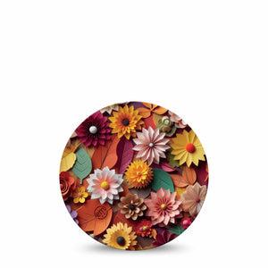 ExpressionMed 3D Floral Freestyle Libre Overpatch, Abbott Lingo,  Single Tape Orange Fall Toned 3D Florals And Leaves, Fixing Ring Patch CGM Design