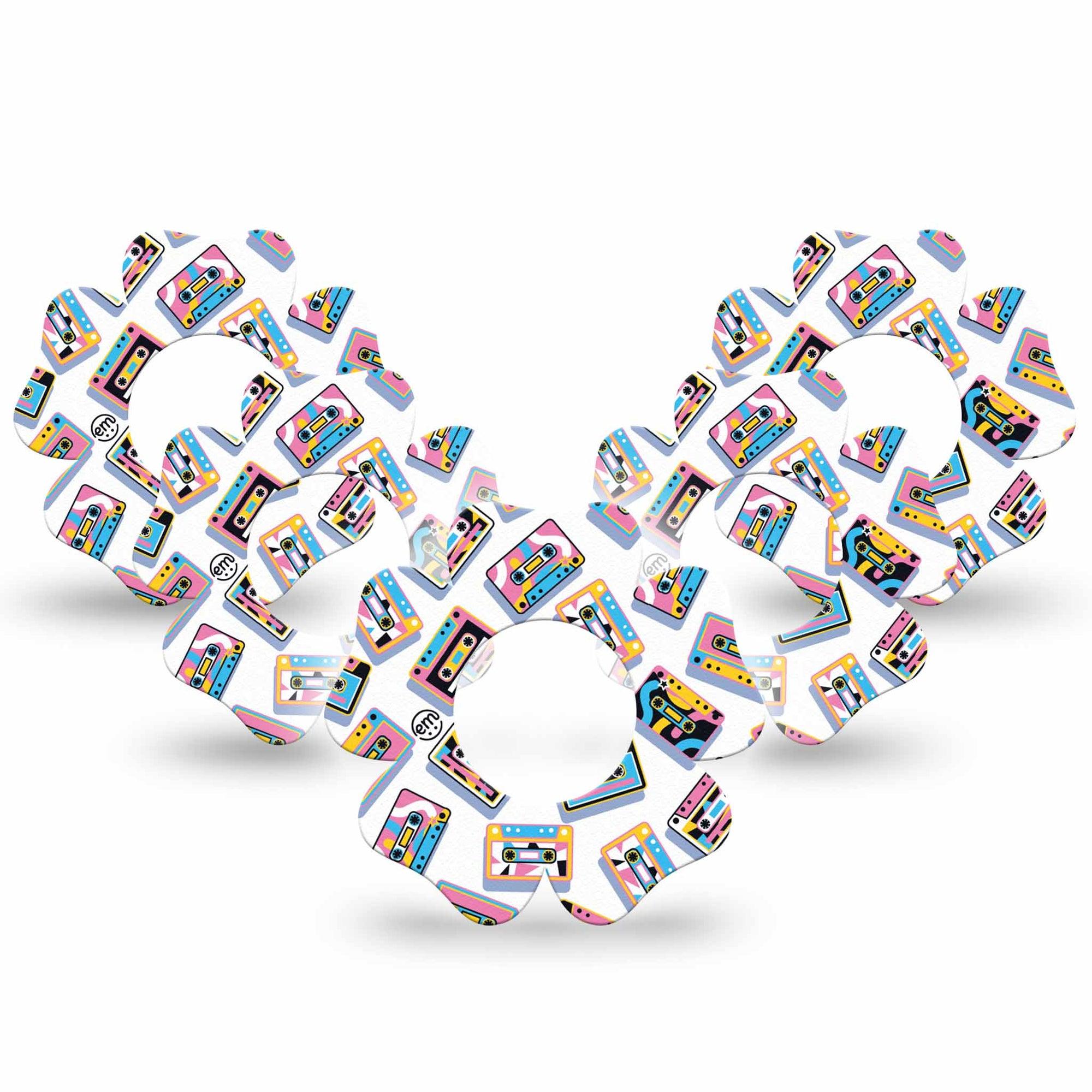ExpressionMed Vintage Music Tapes Freestyle Libre 2 and Libre 2 Plus Flower Shape Tape, Abbott Lingo,  5-Pack Tape Colorful Music Tapes, Fixing Ring Tape CGM Design