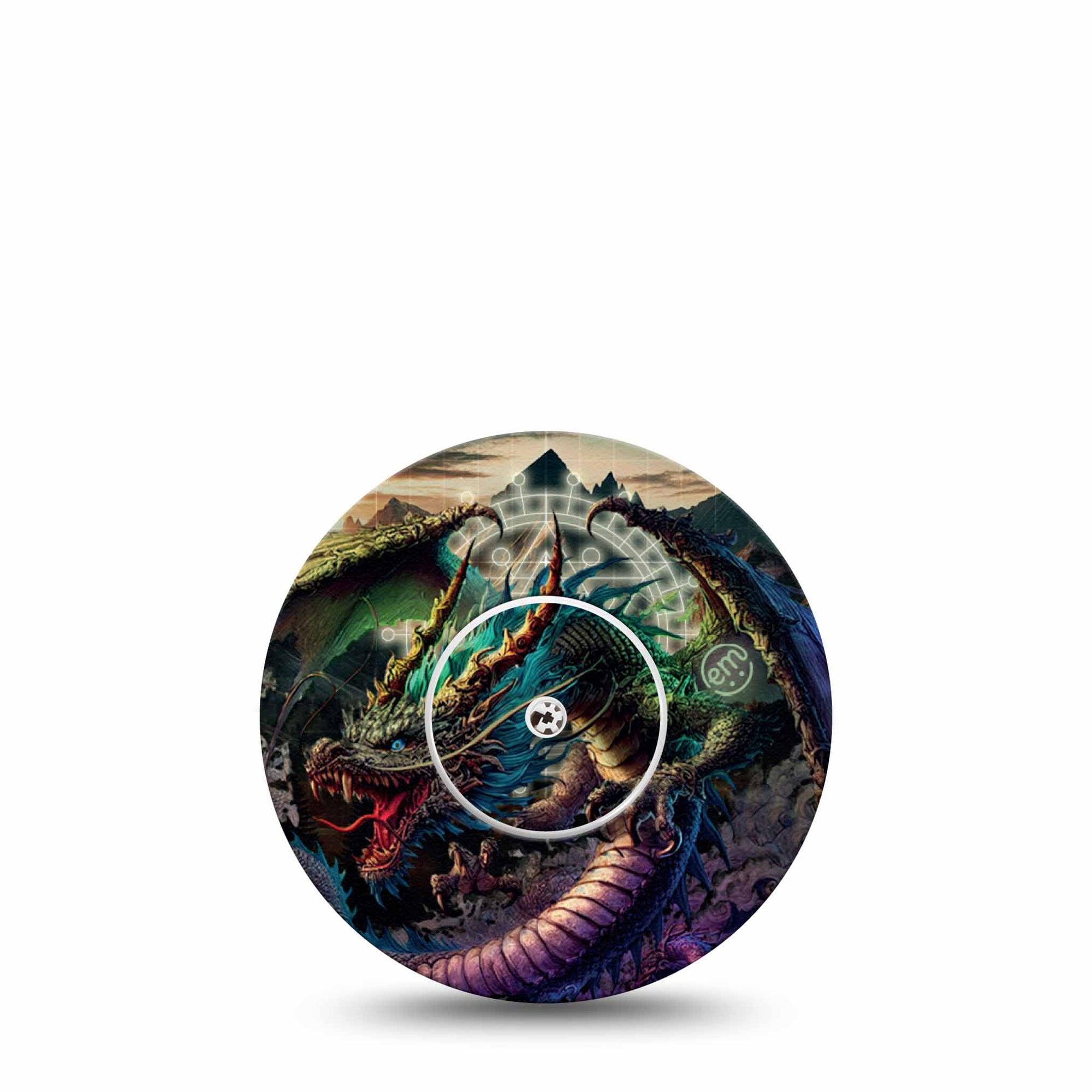 ExpressionMed Geo Dragon Freestyle Libre and Libre 2 Plus Tape, Abbott Lingo, Single Tape and Single Sticker Colorful Dragon, Fixing Ring Tape Continuous Glucose Monitor Design
