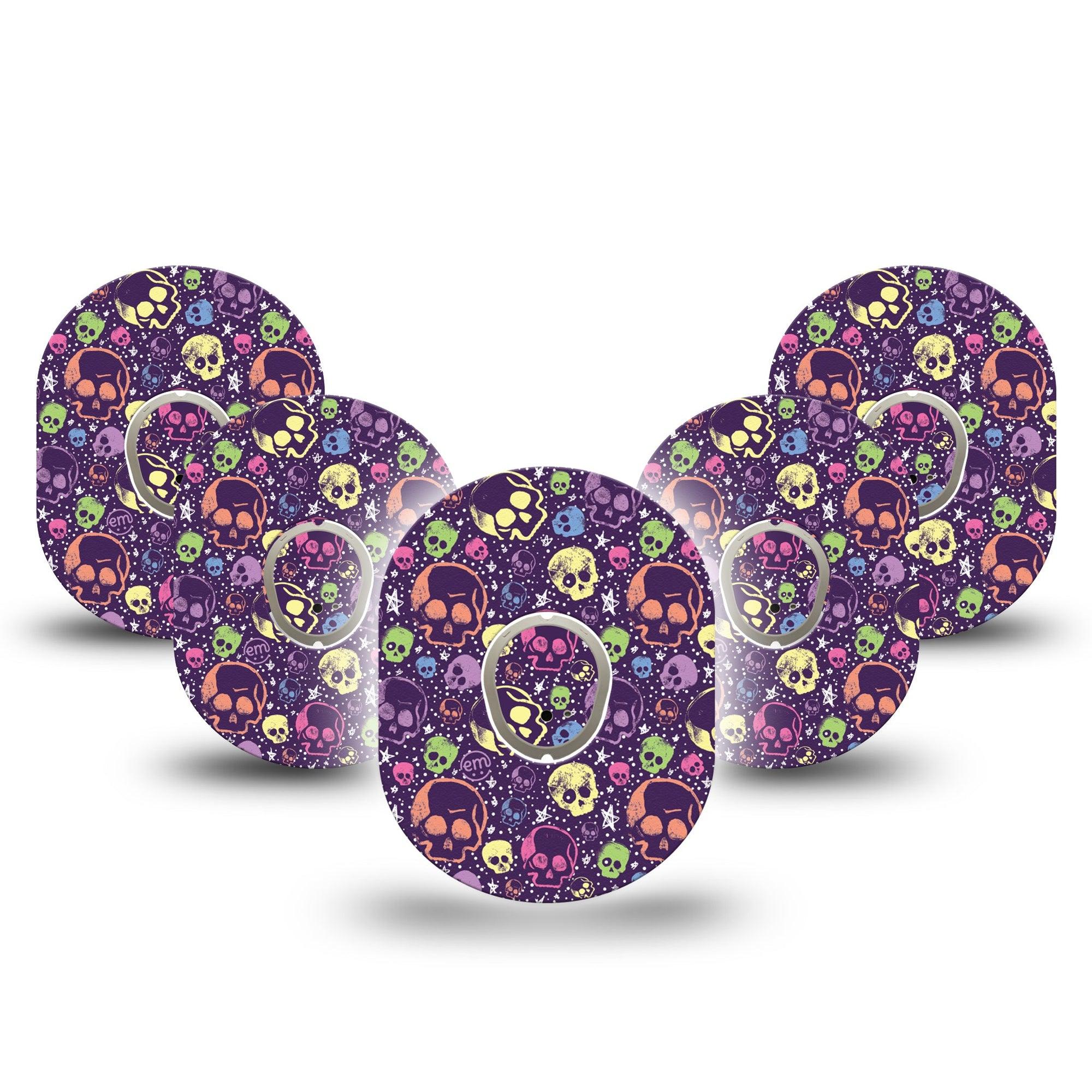 ExpressionMed Neon Skulls Dexcom G7 Tape, Dexcom Stelo Glucose Biosensor System, 5-Pack Tape and 5-Pack Sticker Art Skulls Stars, Overlay Tape CGM Design