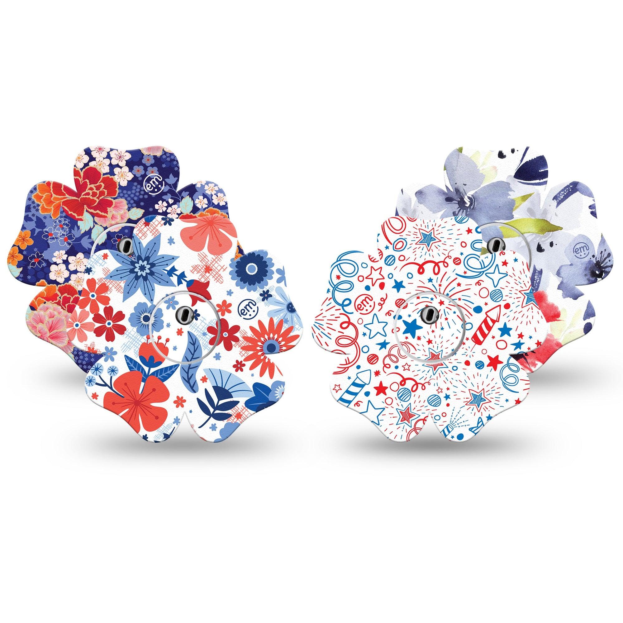 ExpressionMed Summer Flowers Freestyle Libre 3 Flower Shape Tape 4-Pack Tape and 4-Pack Stickers Variety July 4th Flower Variety Plaster CGM Design