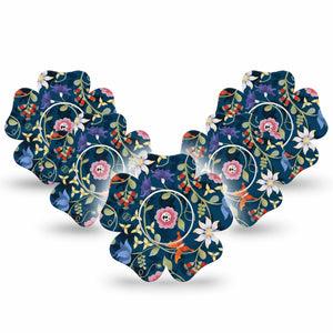 ExpressionMed Floral Folklore Freestyle Libre 2 Flower Shape Tape, Abbott Lingo, 5-Pack Tape and 5-Pack Sticker Woodsy Floral Design with Blue Background  CGM Design