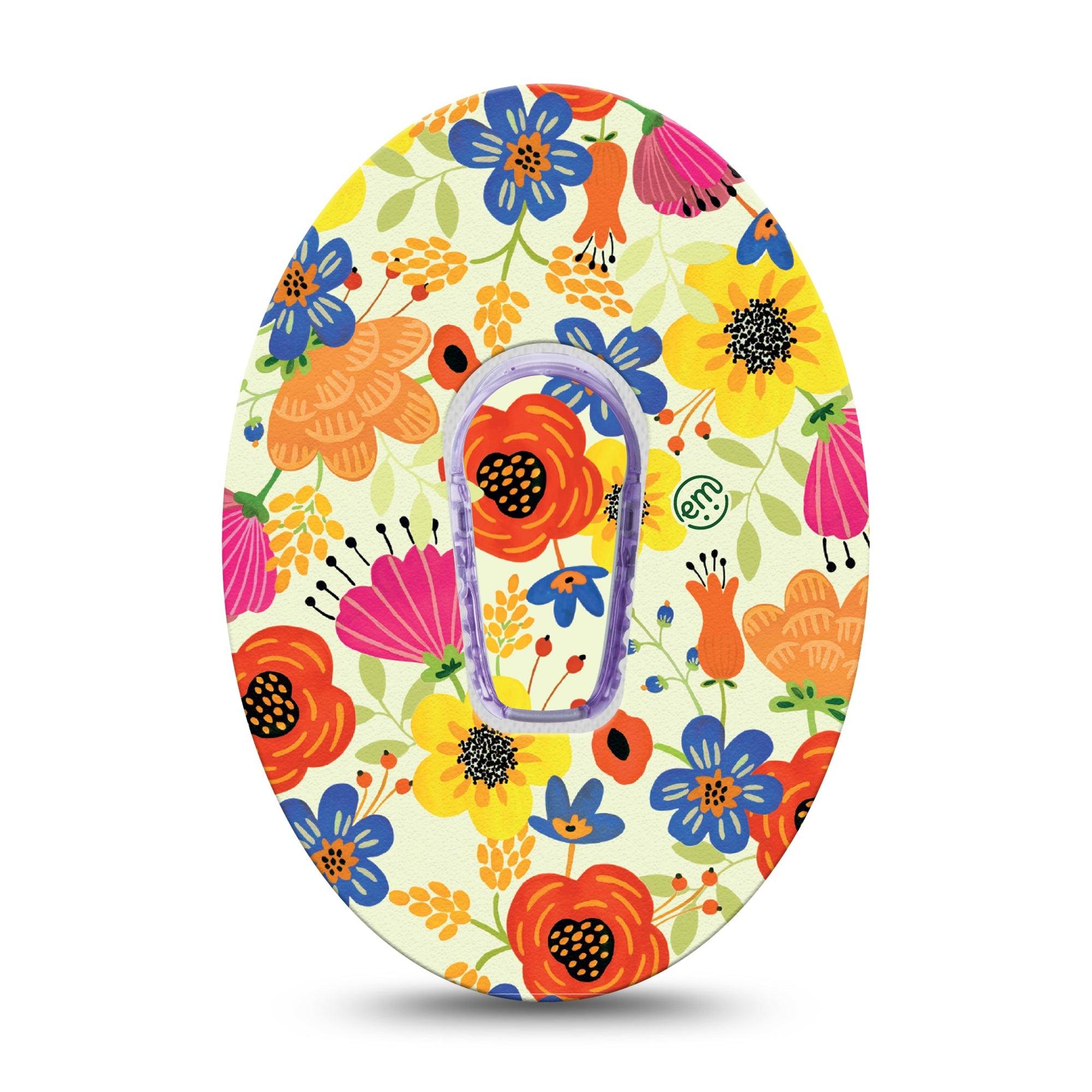 ExpressionMed Botanical Garden Dexcom G6 Tape Single Tape and Single Sticker Blue Red Yellow Flowers Plaster CGM Design