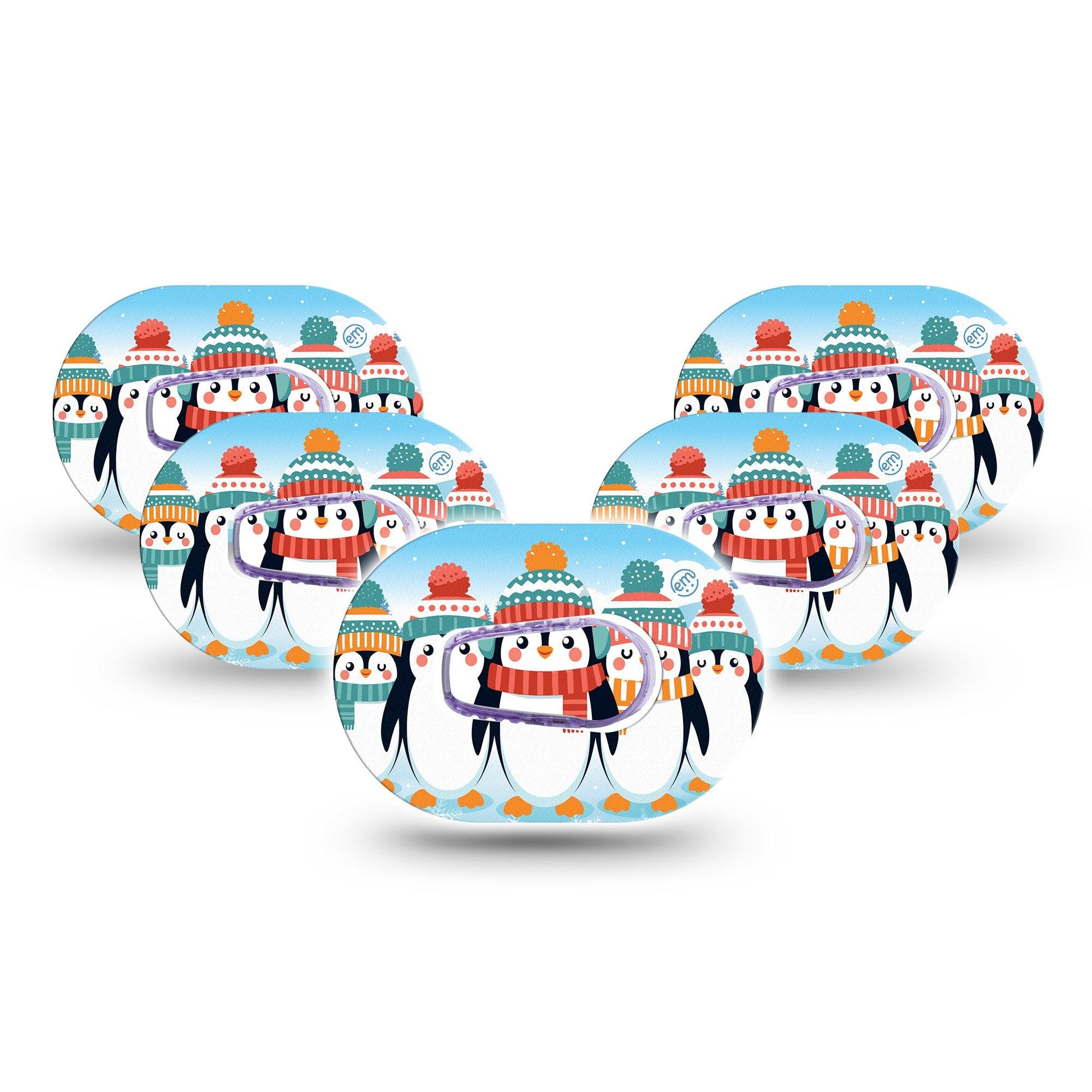 ExpressionMed Penguins In Row Dexcom G6 Mini Tape 5-Pack Tape and 5-Pack Sticker Adorable Penguin Friends, Adhesive Tape CGM Design