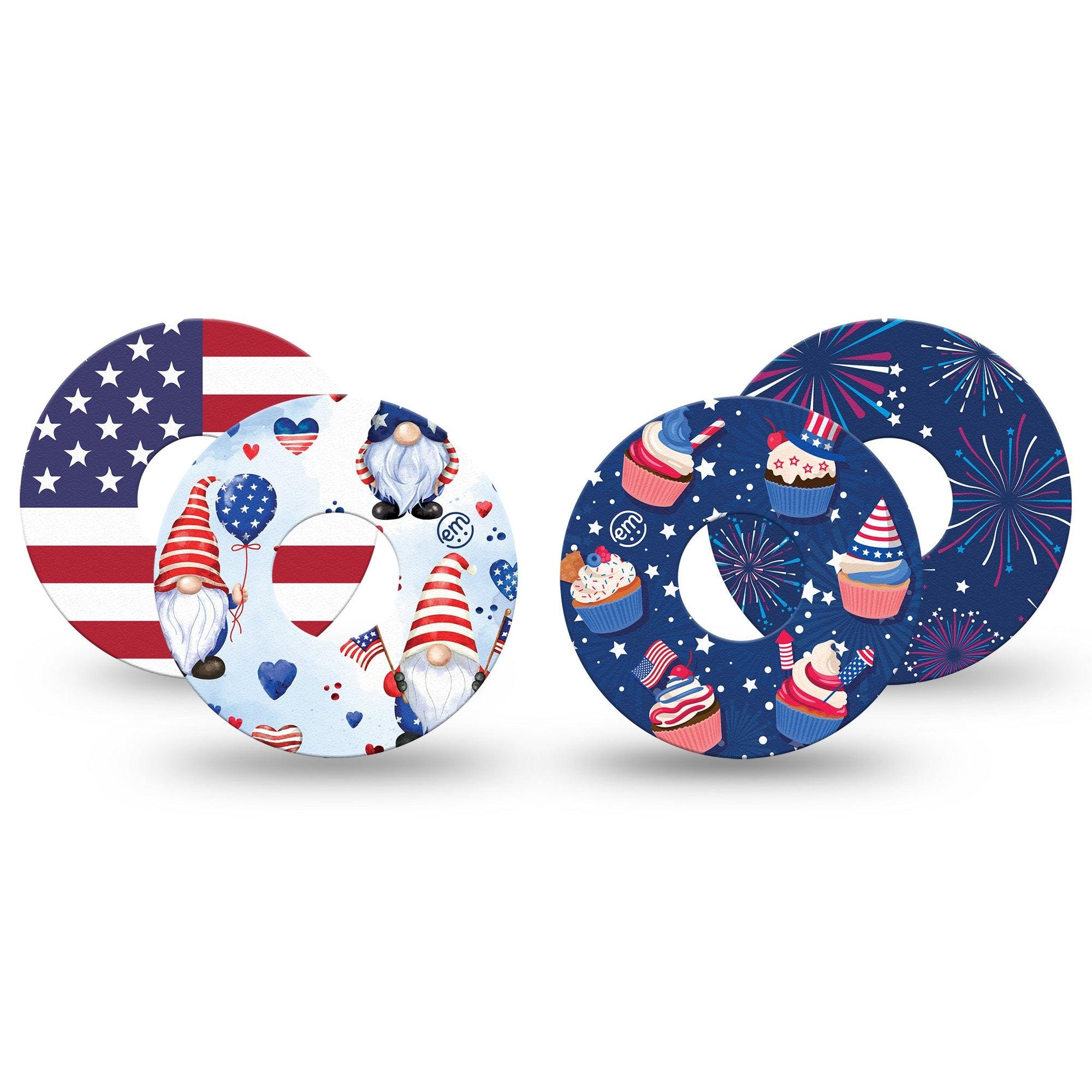 ExpressionMed July Celebration Freestyle Libre 3 Tape 4-Pack Variety Fun Red White Blue Designs Adhesive Tape CGM Design