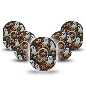 ExpressionMed Embroidered Ghost Dexcom G7 Tape, Dexcom Stelo Glucose Biosensor System, 5-Pack Tape and 5-Pack Sticker Threaded Ghosts and Florals, Overlay Tape CGM Design