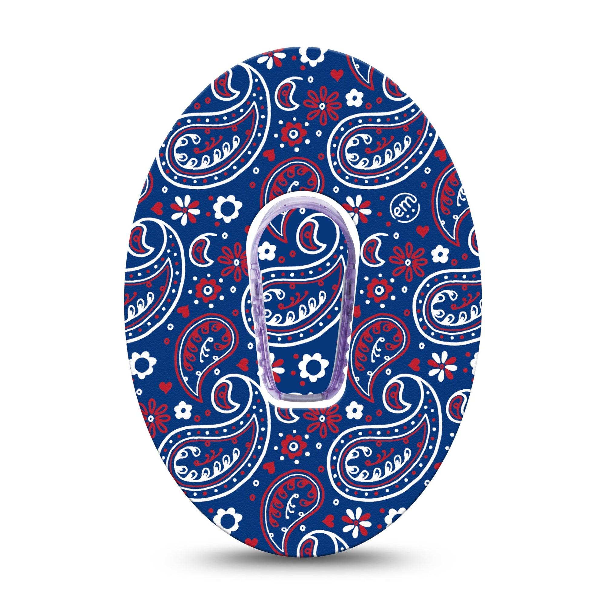 ExpressionMed Independence Paisley Dexcom G6 Tape Single Tape and Single Sticker Blue Red White Paisley Print, Plaster Continuous Glucose Monitor Design