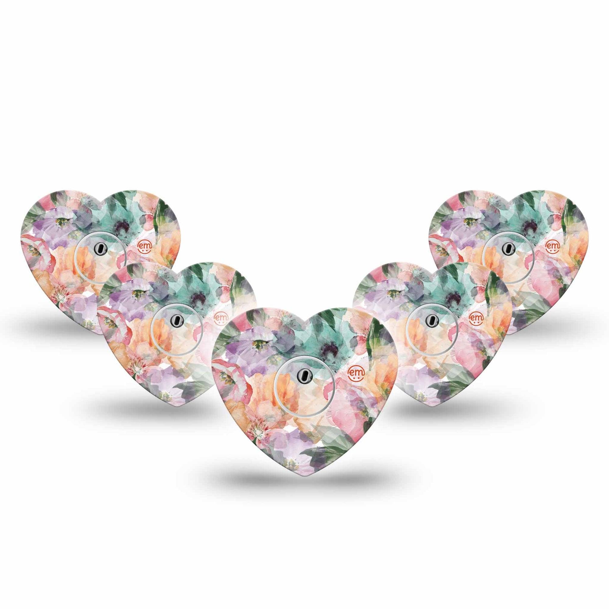 ExpressionMed Flower Clouds Freestyle Libre 3 Heart Shape Tape 5-Pack Tape and 5-Pack Sticker Soft-Colored Petals, Patch CGM Design