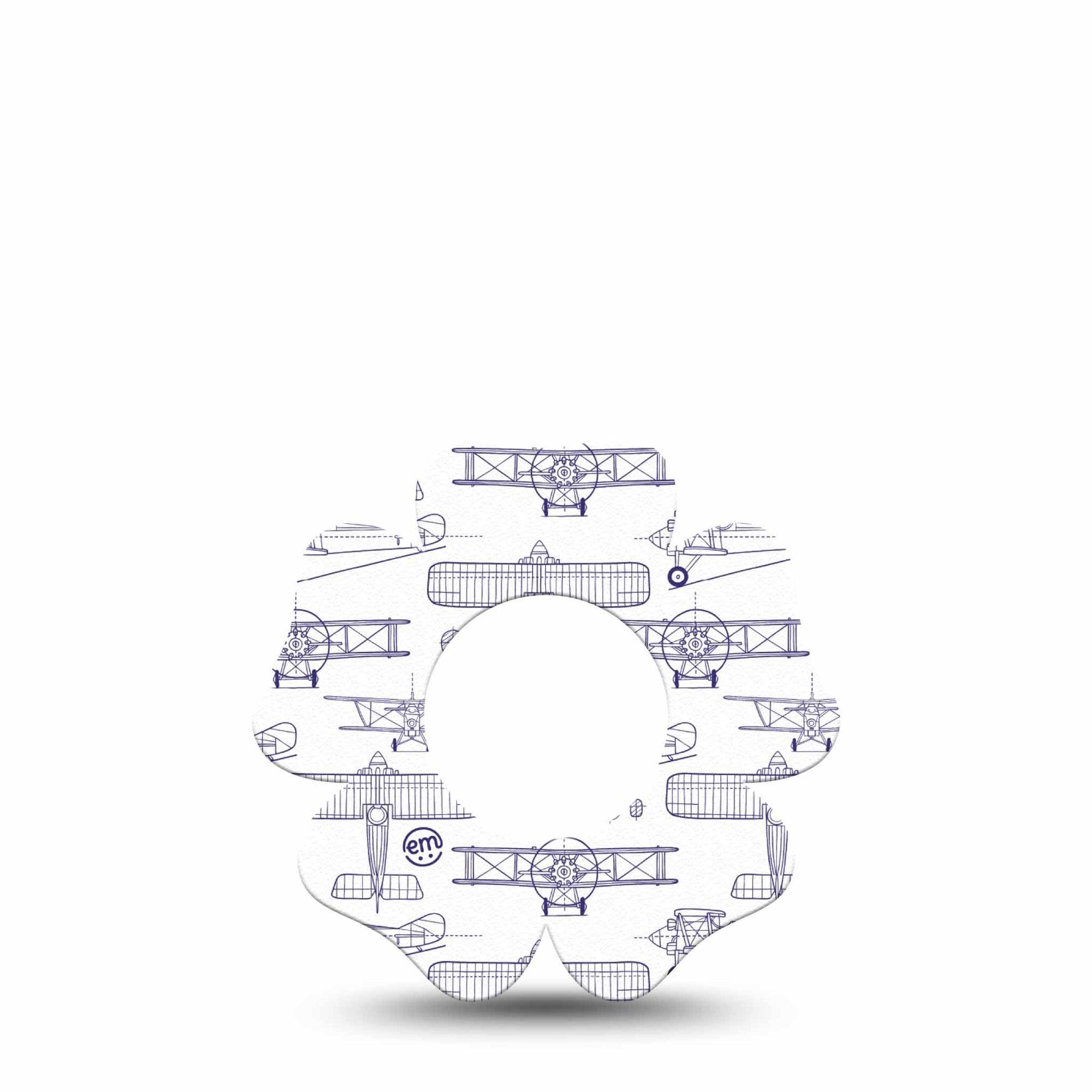 ExpressionMed Airplane Freestyle Libre 2 and Libre 2 Plus Flower Shape Tape, Abbott Lingo, Single Tape Stenciled Aircraft, Plaster CGM Design