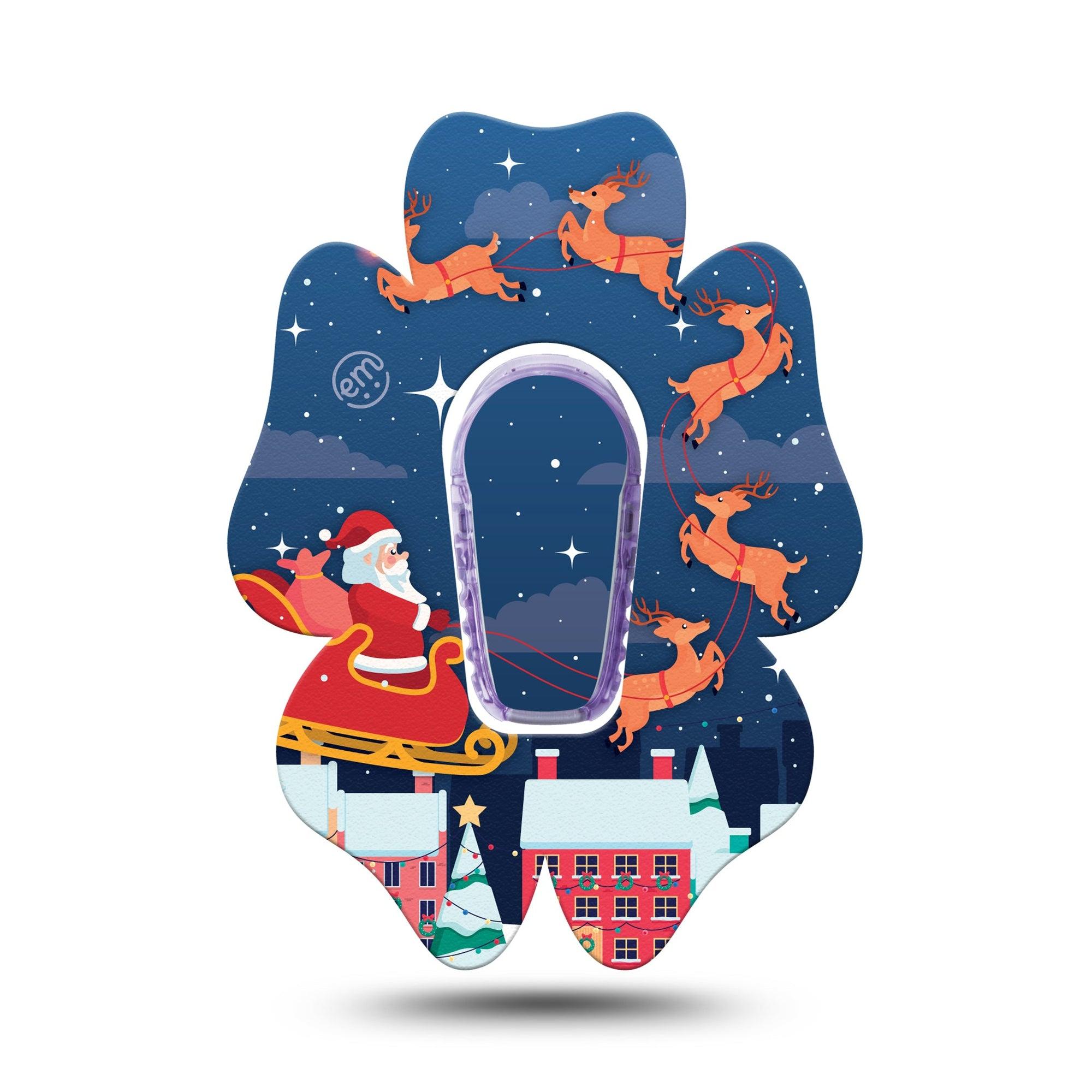 ExpressionMed Santa With Sled Dexcom G6 Flower Shape Tape Single Tape and Single Sticker Reindeer Flying Sleigh, Adhesive Patch Continuous Glucose Monitor Design