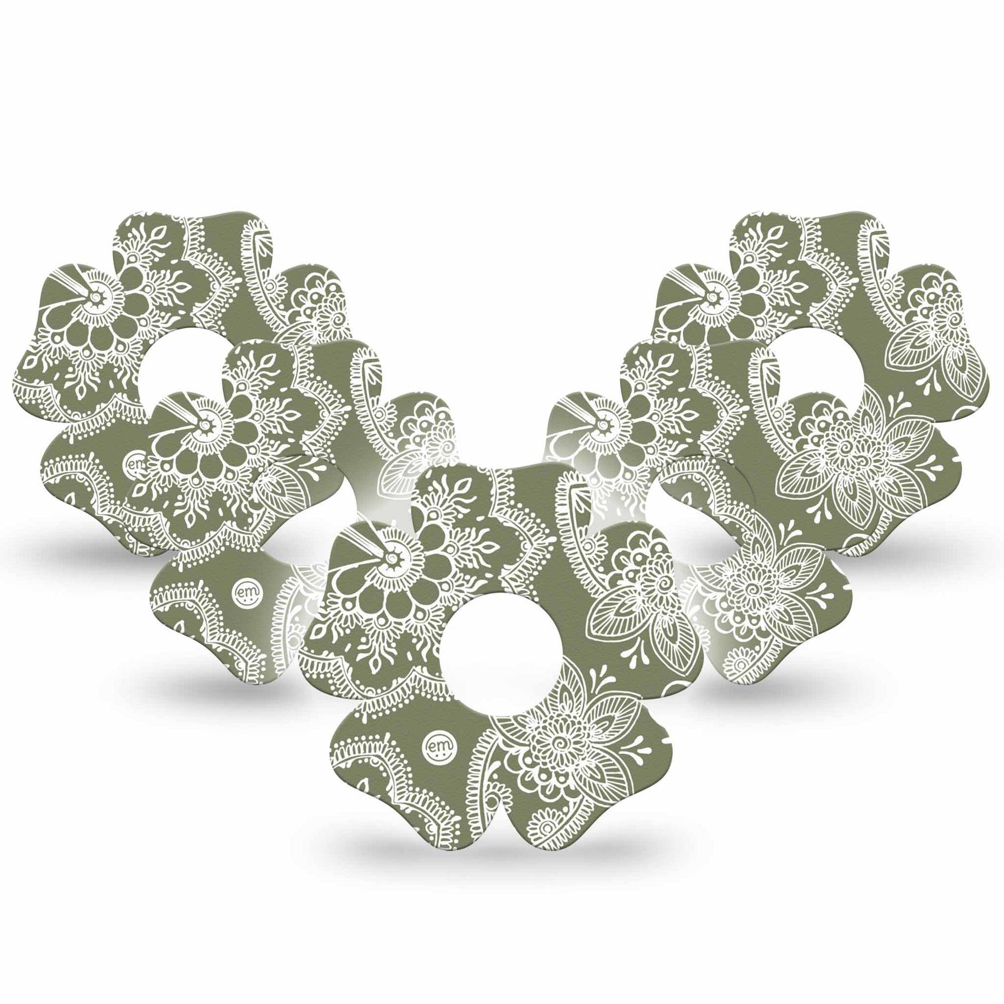 ExpressionMed Olive Henna Freestyle Libre 3 and Libre 3 Plus Flower Shape Tape 5-Pack Tape Natural Dye, Plaster CGM Design