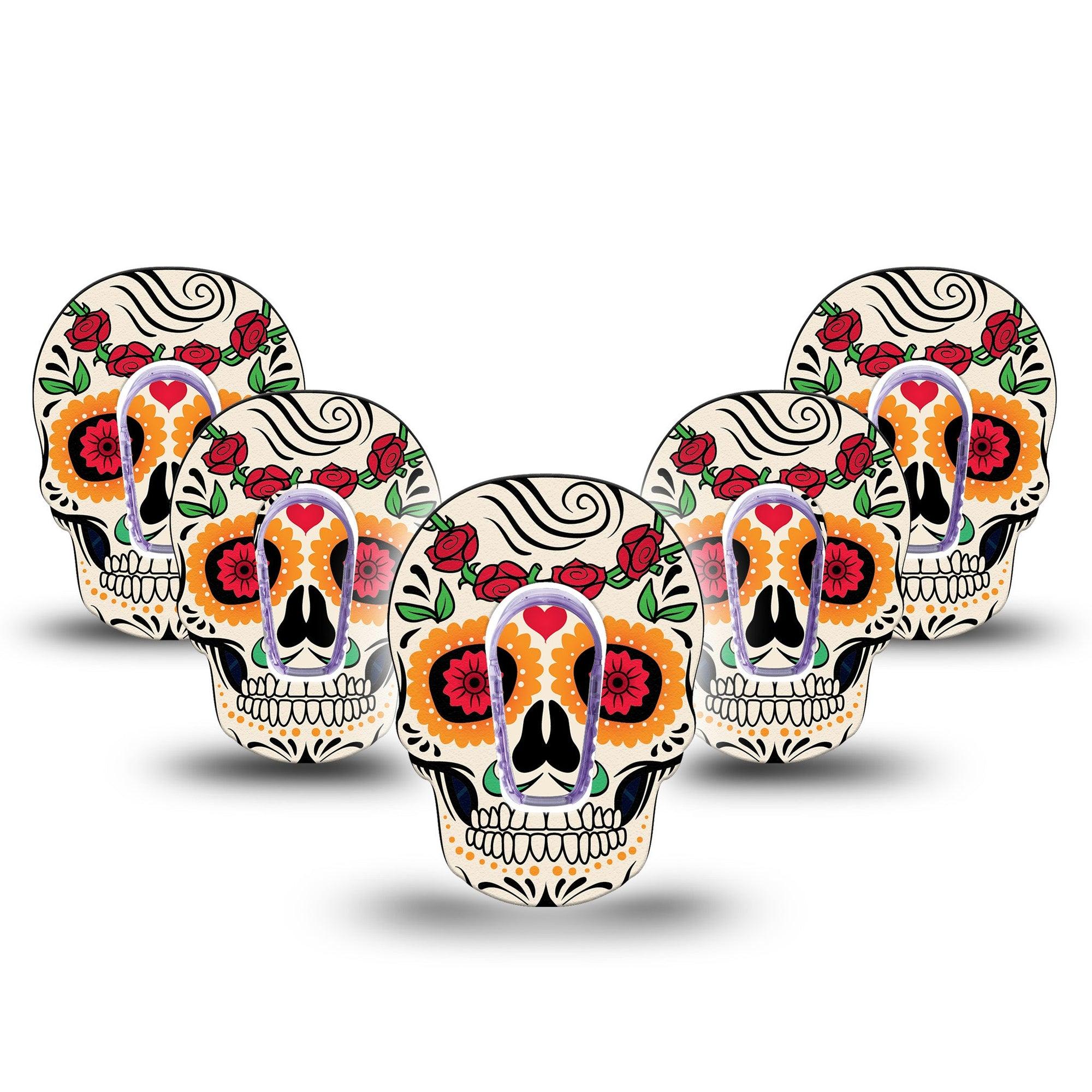 ExpressionMed Dia De Los Muertos Dexcom G6 Skull Shape Tape 5-Pack Tape and 5-Pack Sticker Sugar Skull Plaster Continuous Glucose Monitor Design