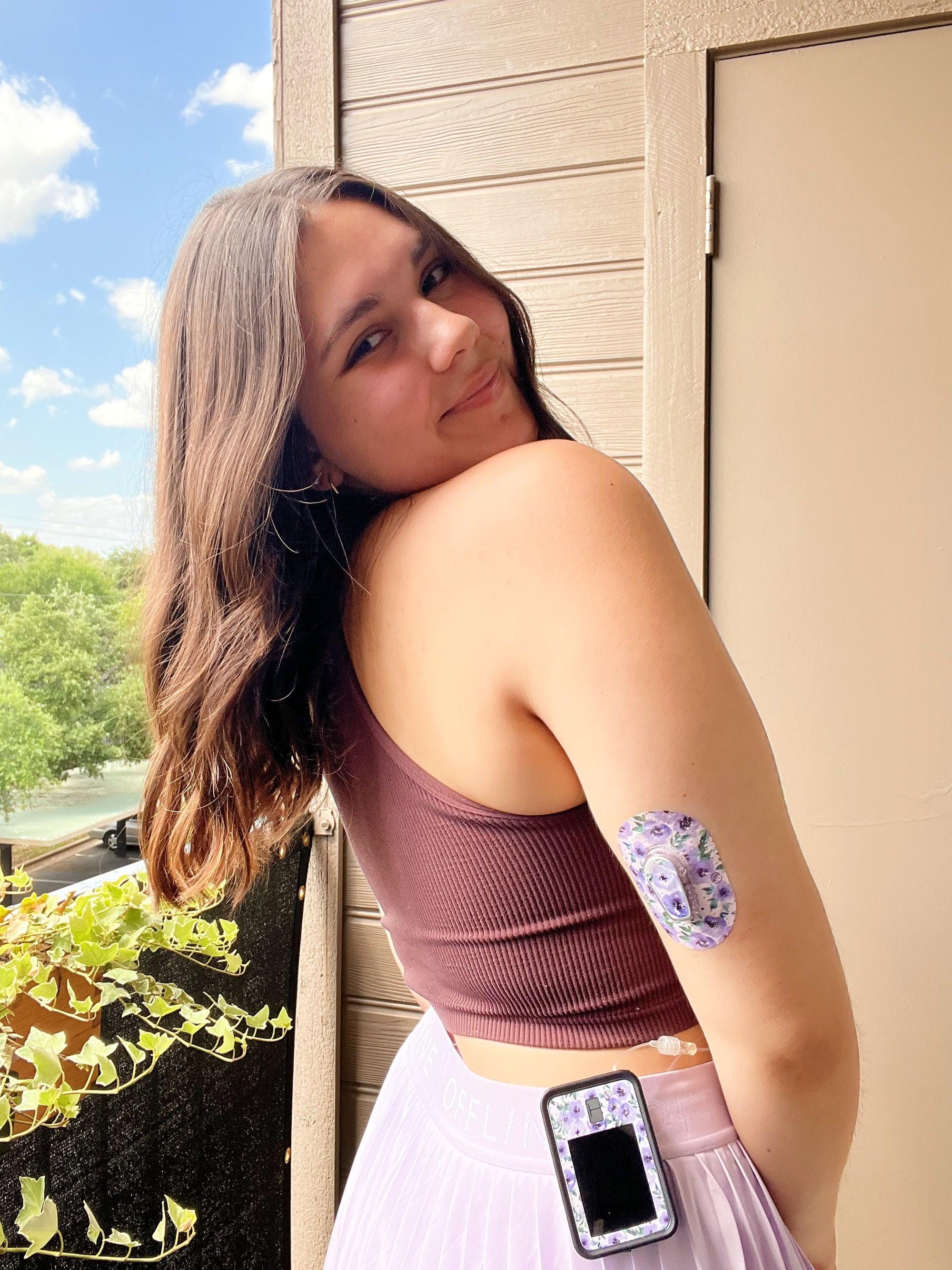 ExpressionMed Lavender Haze Variety Pack Dexcom G6 Transmitter Sticker, Multiple Tapes and Single Sticker, Woman Wearing Floral Themed CGM Adhesive Patch Design