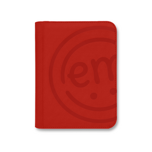 A vibrant red storage book that keeps your colorful ExpressionMed patches visible and neat.