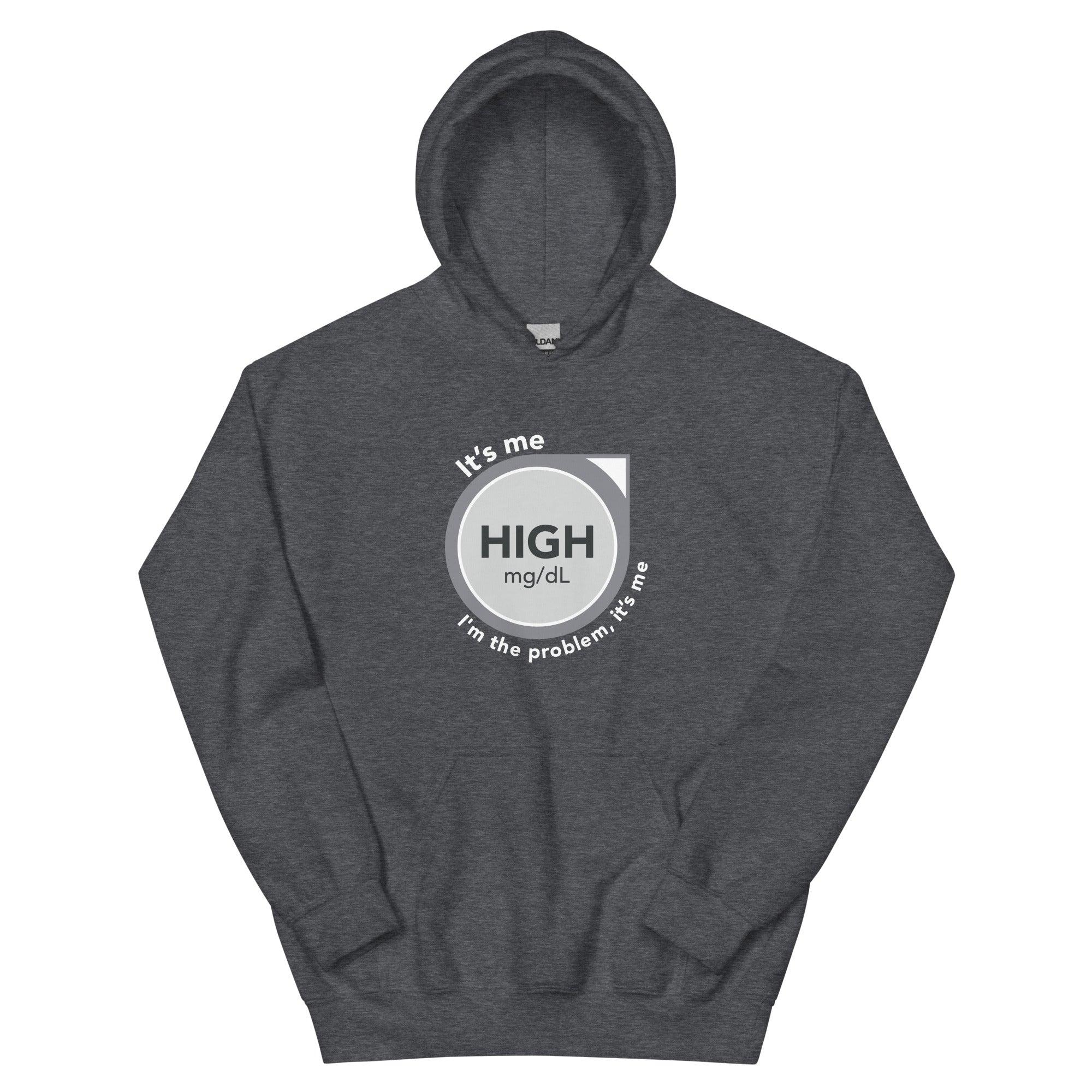 ExpressionMed High, I'm the Problem Unisex Hoodie CGM glucose monitor emblem paired with lyrics from Taylor Swift's 'Anti-Hero'