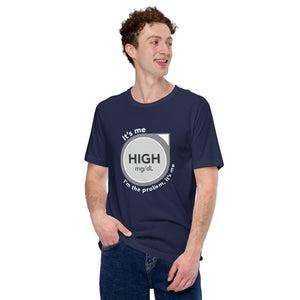 ExpressionMed High, I'm the Problem Unisex t-shirt CGM glucose monitor icon accompanied by 'Anti-Hero' lyrics by Taylor Swift